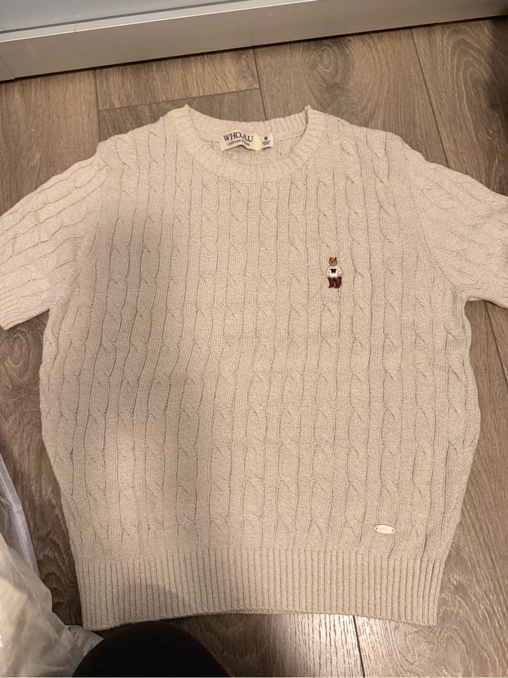 Cream Cable-Knit Sweater with Bear Embroidery
